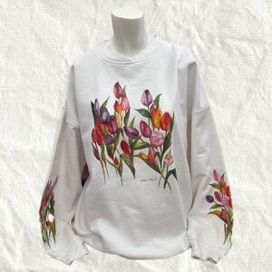 Vintage Floral Print White Sweatshirt Artsy Grandmacore Watercolour XL